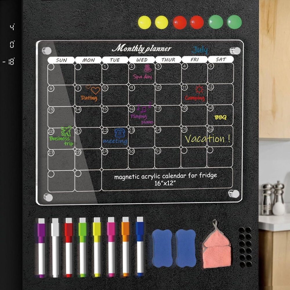 Acrylic Magnetic Monthly Calendar for Fridge, 16"x12" Clear Magnetic Monthly Dry